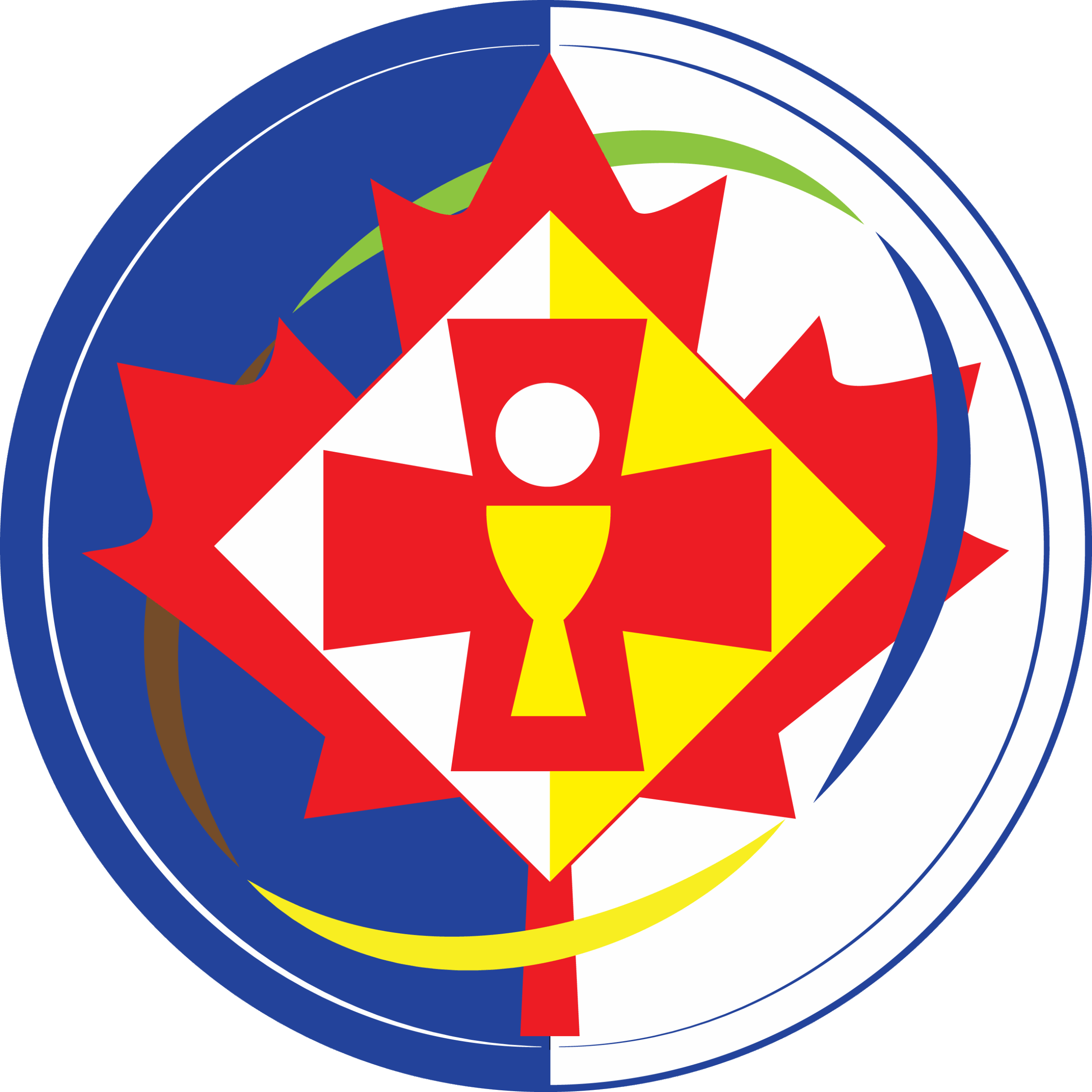 Site Logo with Eucharist inside of a maple leaf surrounded by green, blue, yellow, and brown lines.